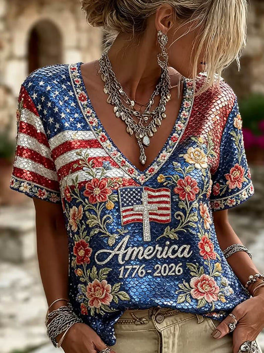Women's American Glitter Floral Art Print Casual T-shirt