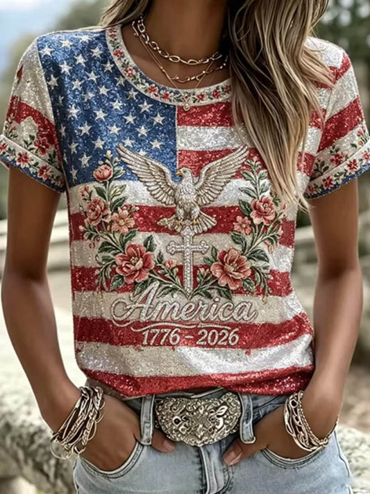 Women's American Flag And Floral Art Sequin Casual Short Sleeve T-shirt