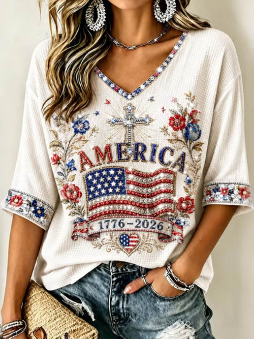 Women's Retro Independence Day Anniversary Print Mid-length Sleeves V-Neck T-Shirt