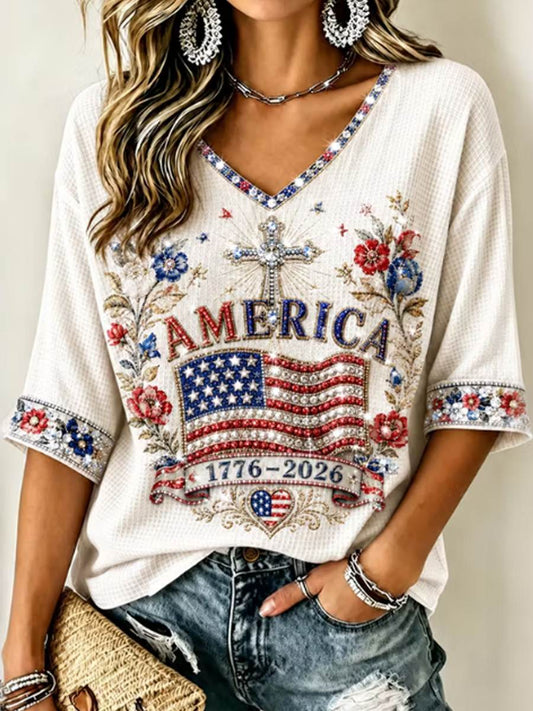 Women's Retro Independence Day Anniversary Print Mid-length Sleeves V-Neck T-Shirt