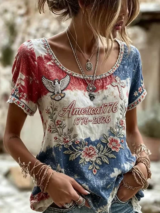 Women's American Flag And Floral Embroidery Art Casual Washed Short Sleeve Top