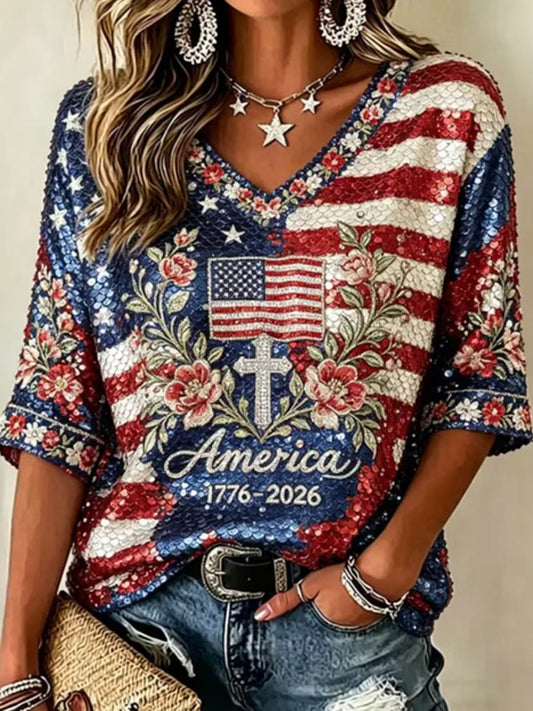 Women's American Flag And Floral Art Sequin Mid-length Sleeves V-Neck T-Shirt