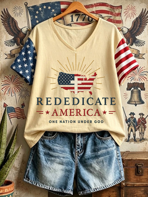 Women's One Nation Under God Independence Day USA Flag Print Casual V-Neck Patriotic Tee
