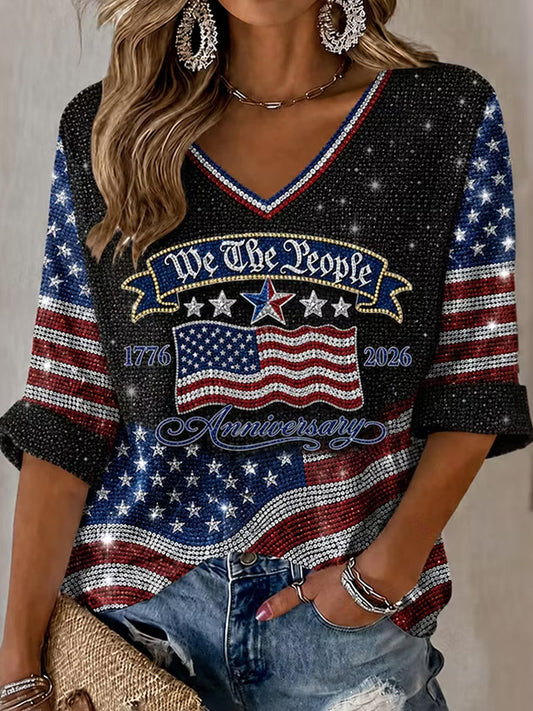 Women's Retro Independence Day USA Flag Art Print Waffle T-shirt