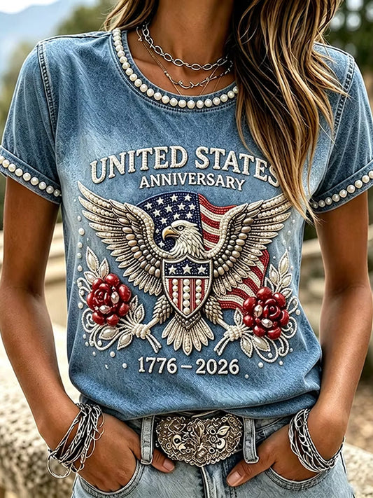 Women's Retro Independence Day USA Flag Art Print O-Neck T-Shirt