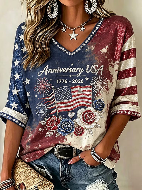 Women's Retro Independence Day USA Flag Art Print V-Neck T-Shirt