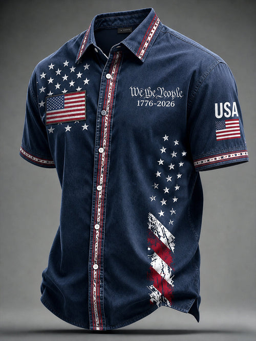 Retro Independence Day USA Flag  Print Short Sleeve Shirt