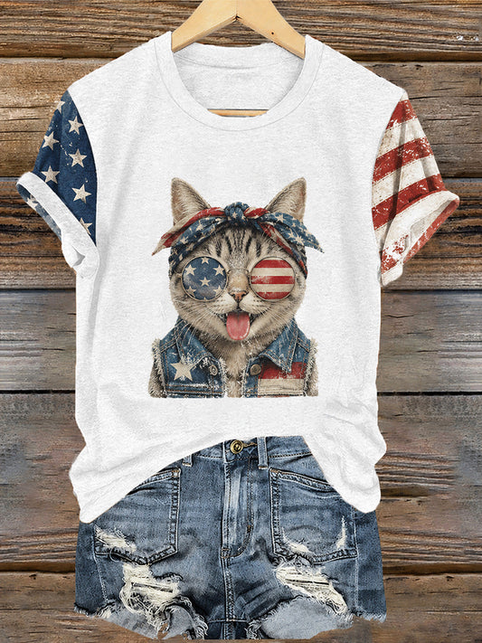 Women's Independence Day Cat Print Casual Tee