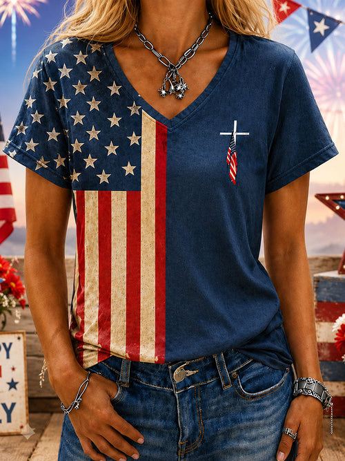 Women's Independence Day Cross Print Casual T-Shirt