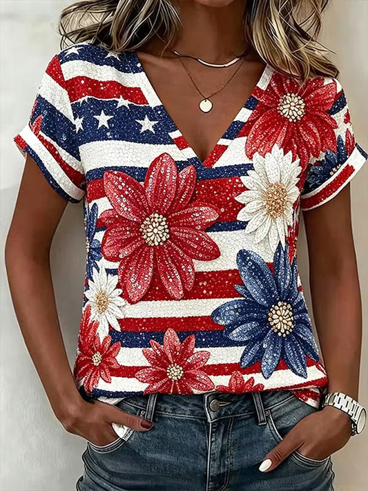 Women's America Floral Printed T-shirt