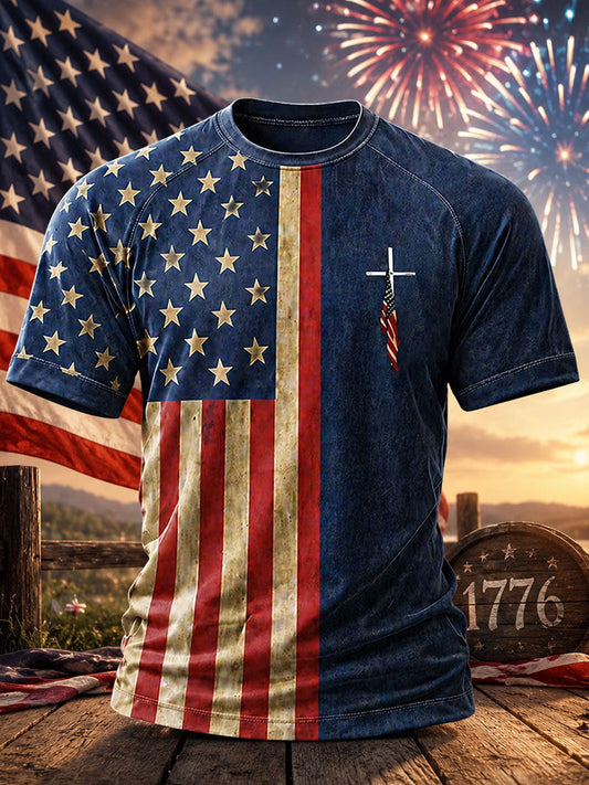 Men's Independence Day Cross Print Casual T-Shirt