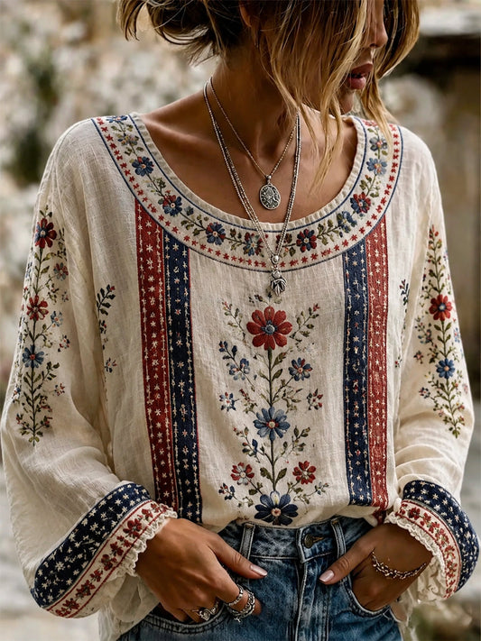Women's America Floral Print Cotton-Linen Shirt
