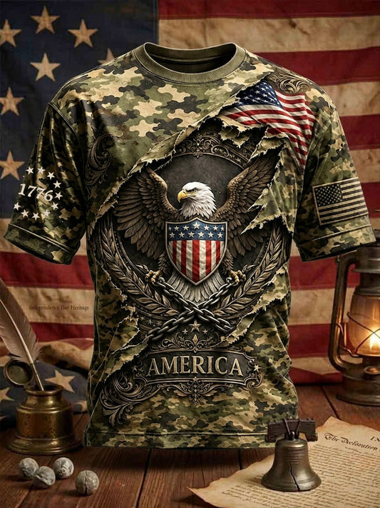 Men's Vintage Independence Day American Flag Eagle Print Casual Short Sleeve T-shirt
