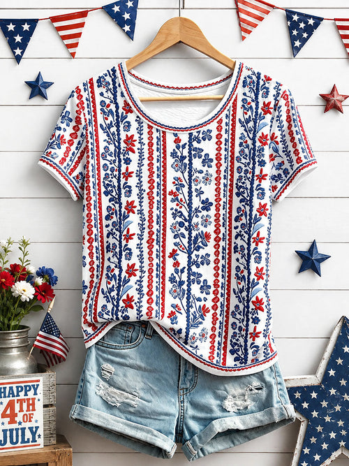 Women's Independence Day Floral Art Print Casual T-Shirt