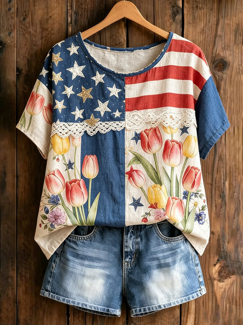Women's America Floral Print Casual T-Shirt
