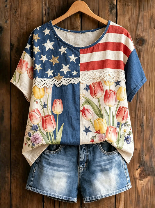 Women's America Floral Print Casual T-Shirt