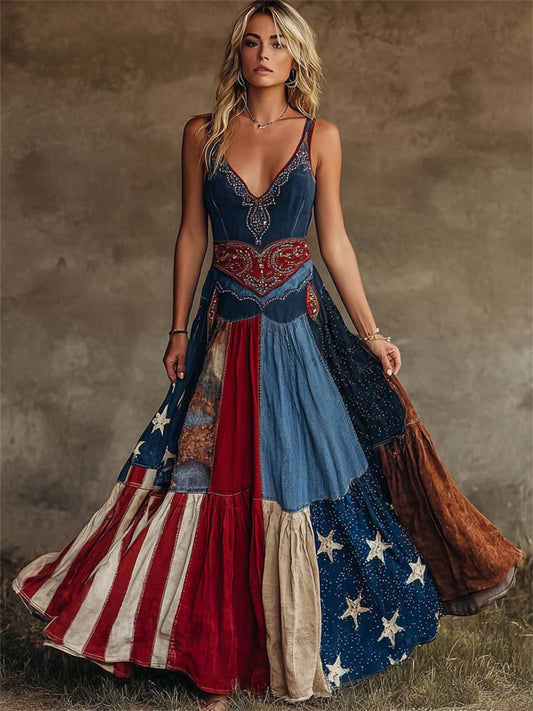 Women's Vintage Western American Flag Patchwork Print Flowy Maxi Dress