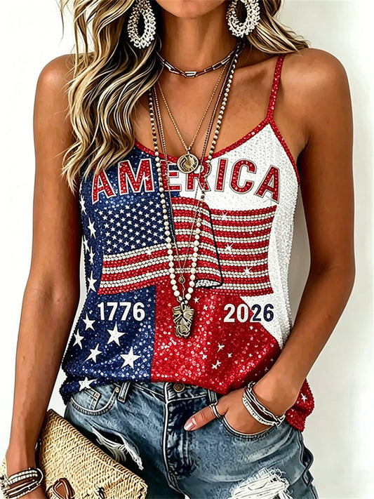 Women's America 1776-2026 Glitter Flag Colorblock Print Cami Top