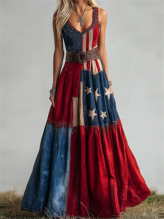 Women's Vintage American Flag Inspired Colorblock Art Print Flowy Maxi Dress