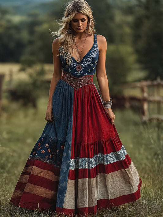 Women's Vintage Western American Flag Patchwork Print Maxi Dress