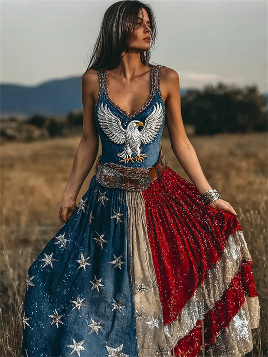 Women's American Eagle & Flag Inspired Glitter Print Flowy Maxi Dress