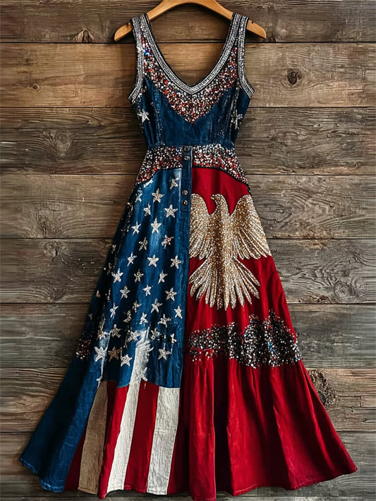 Women's American Eagle & Flag Patchwork Glitter Print Maxi Dress