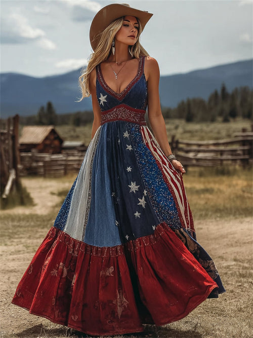 Women's Vintage Cowgirl American Flag Patchwork Art Print Maxi Dress