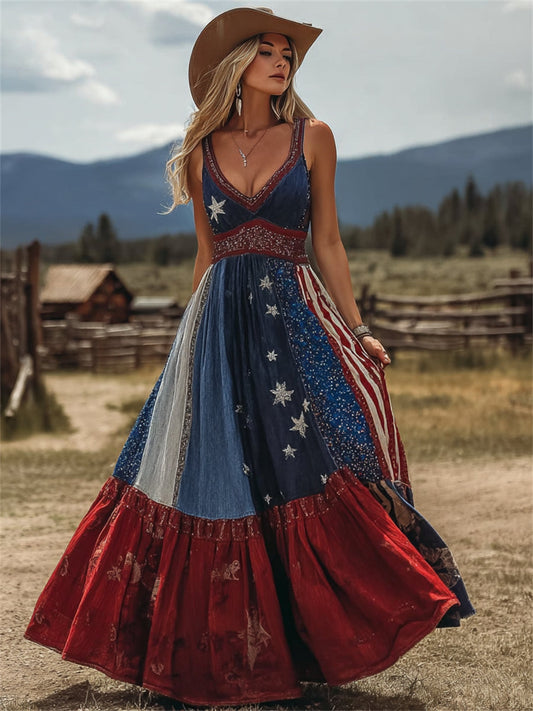 Women's Vintage Cowgirl American Flag Patchwork Art Print Maxi Dress