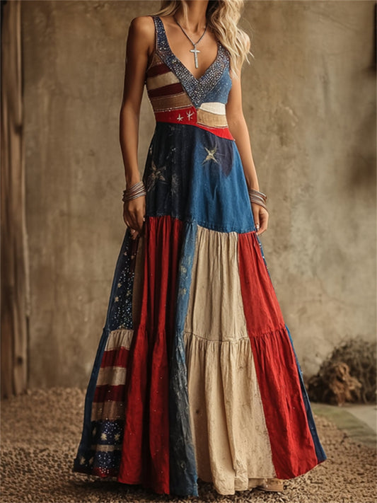 Women's Vintage American Flag Inspired Colorblock Glitter Print Maxi Dress