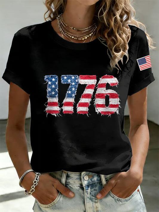 Women's Independence Day 1776 USA Flag Print Casual Tee