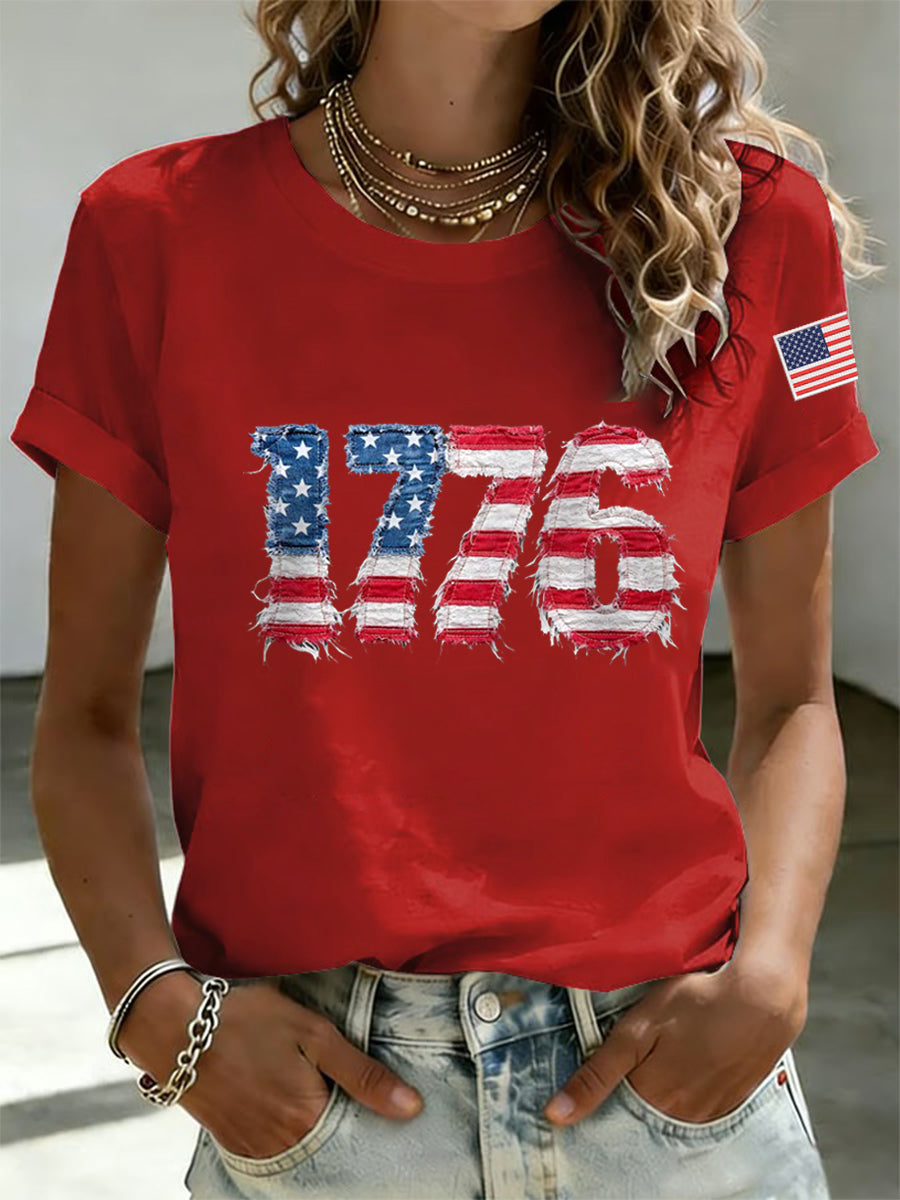 Women's Independence Day 1776 USA Flag Print Casual Tee
