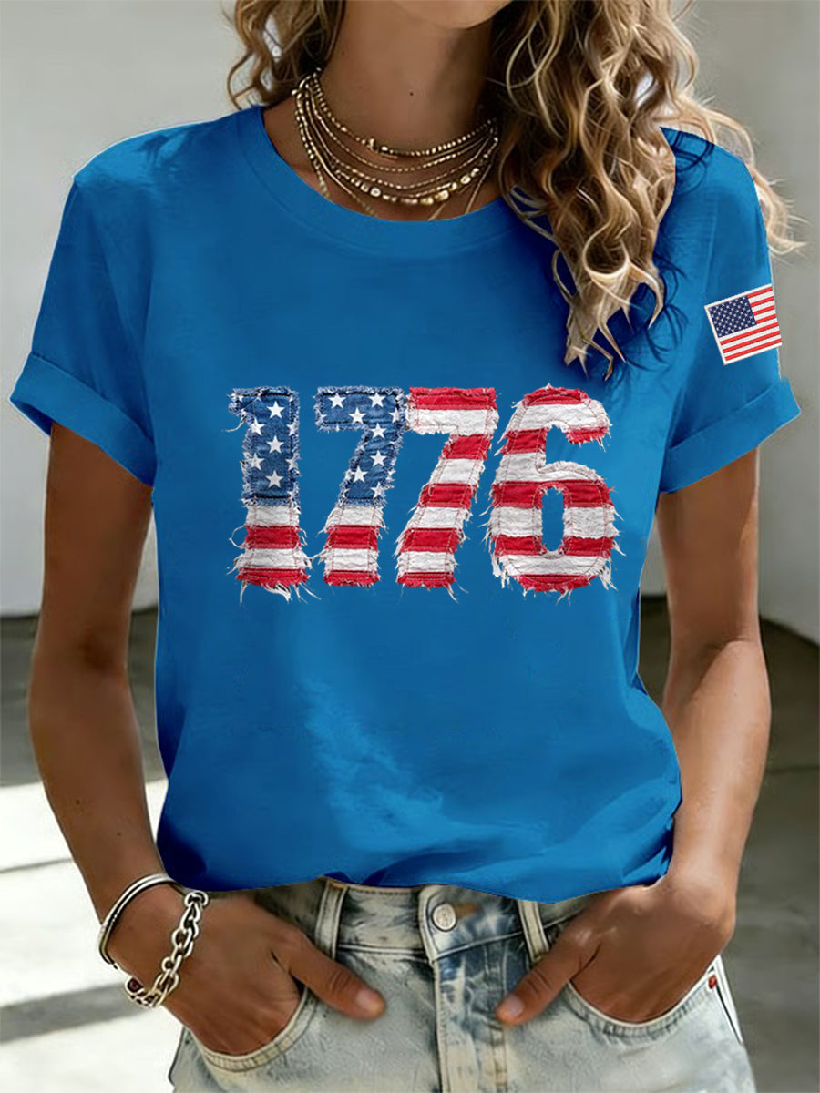 Women's Independence Day 1776 USA Flag Print Casual Tee