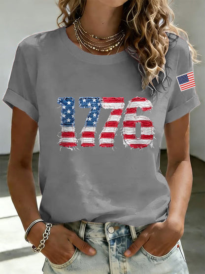 Women's Independence Day 1776 USA Flag Print Casual Tee
