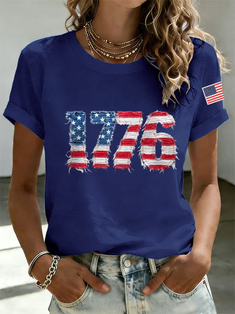 Women's Independence Day 1776 USA Flag Print Casual Tee