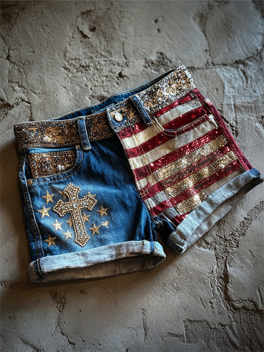 Women's Vintage Cross Glitter American Flag Print Denim Shorts