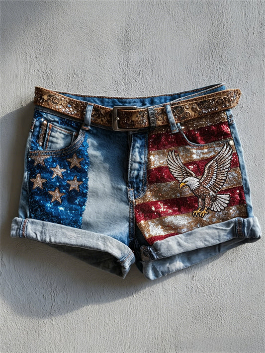Women's American Eagle & Flag Glitter Print Denim Shorts