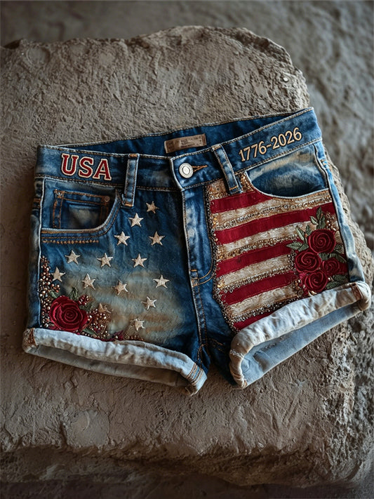 Women's USA 1776-2026 American Flag & Roses Print Denim Shorts