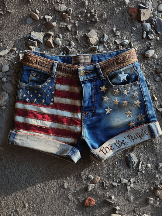 Women's Vintage We the People American Flag Print Denim Shorts