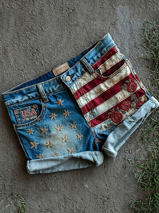 Women's USA 1776-2026 American Flag Roses Print Vintage Denim Shorts