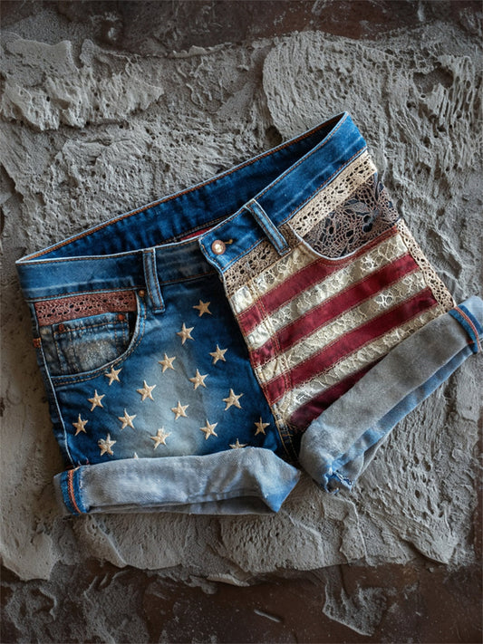 Women's Vintage American Flag Lace Art Print Denim Shorts