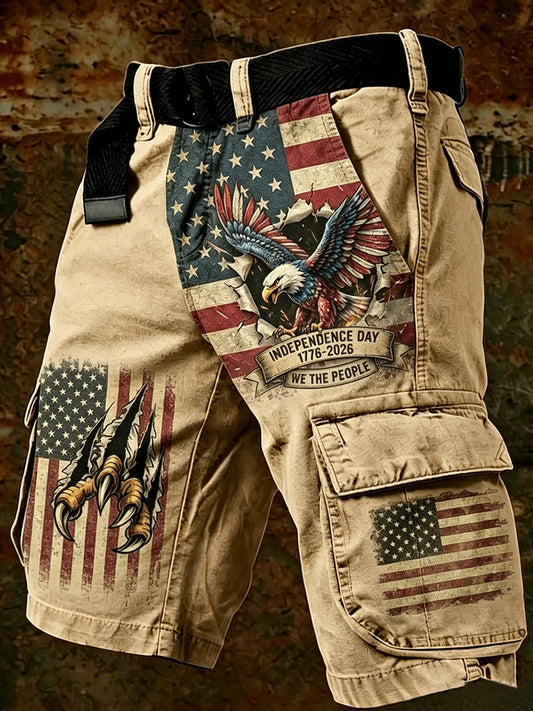 Men's Vintage Independence Day Retro American Flag Art Print Casual Shorts