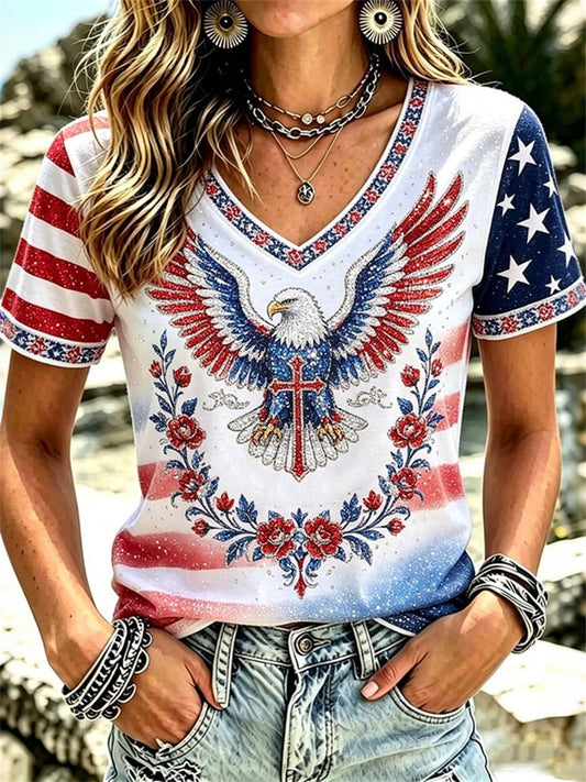 Women's American Eagle & Cross Floral American Flag Inspired Print short-sleeved T-shirt