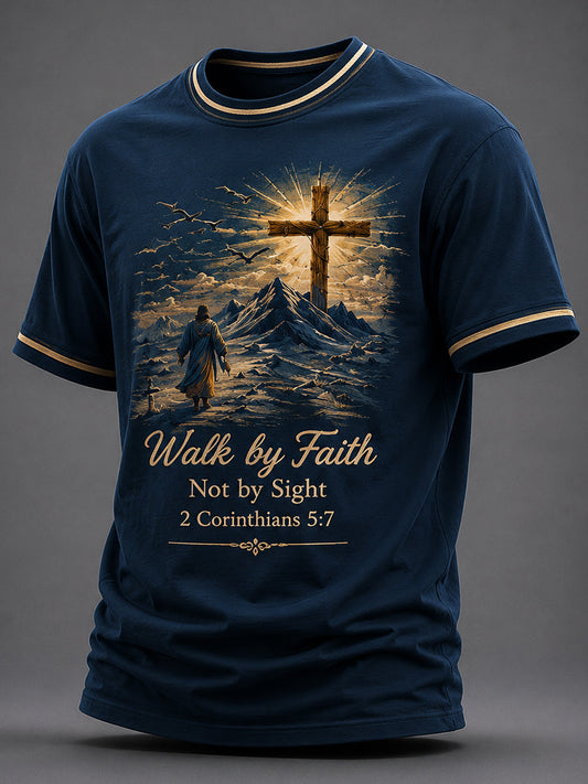 Men's Christian Walk By Faith Not By Sight Print Casual Tee