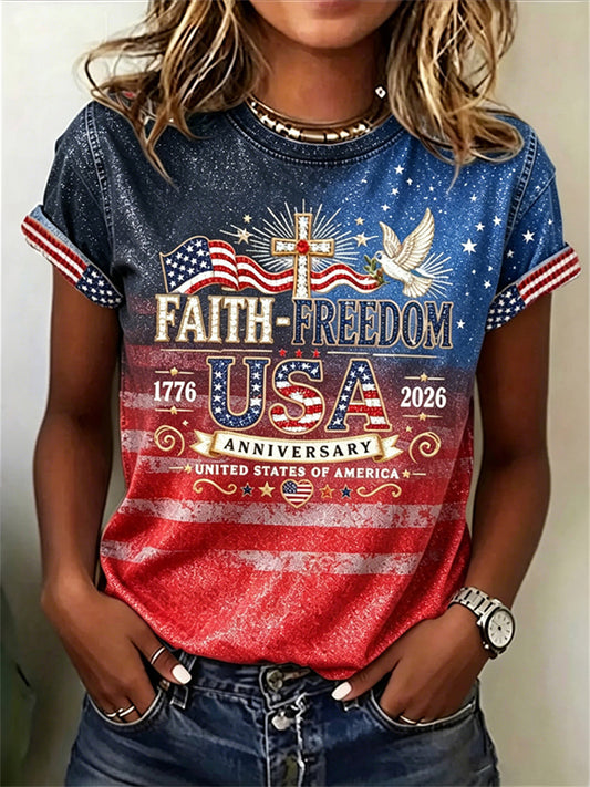 Women's Faith Freedom USA 1776-2026 American Flag Galaxy Print short-sleeved T-shirt