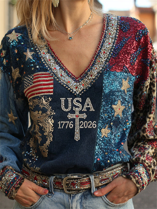 Women's USA 1776-2026 Cross American Flag Leopard Art Print Cotton-Linen Shirt