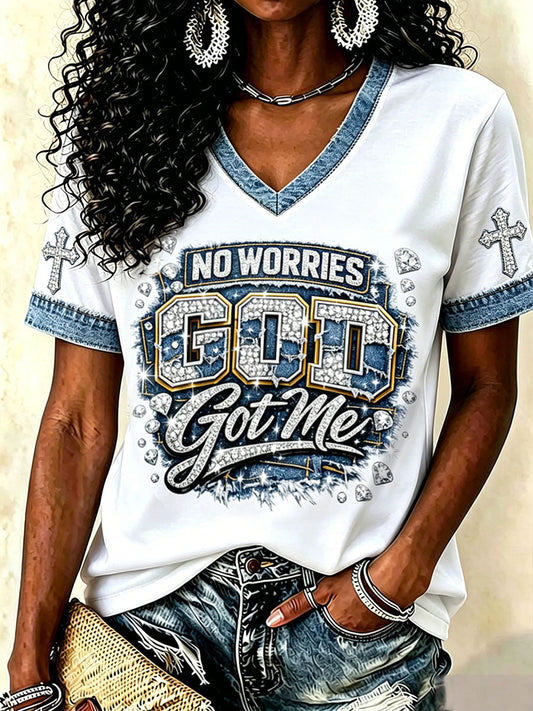 Women's 'No worries, God got me' Christian V-neck T-shirts
