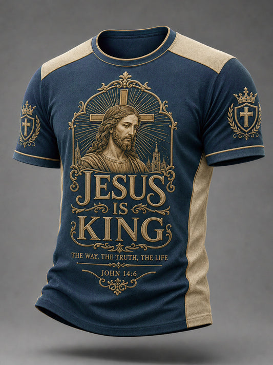 Men's Jesus Is King Of Kings Print Casual Tee