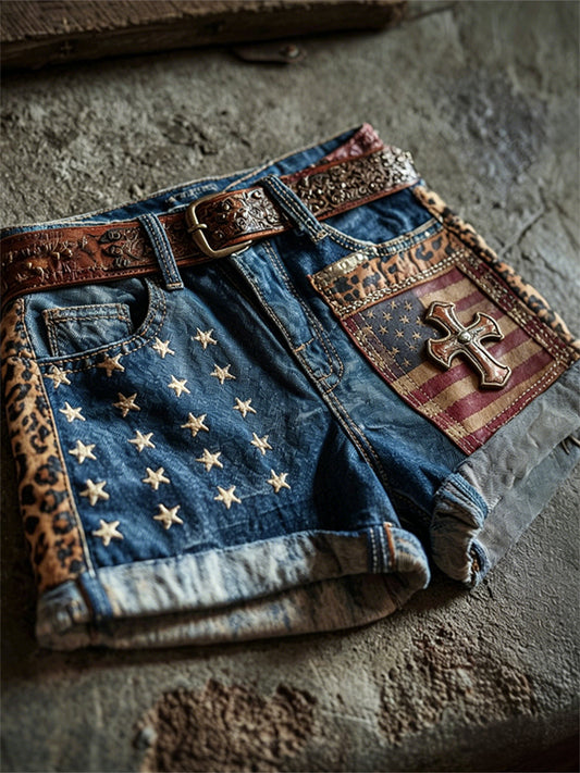 Women's Vintage Cross American Flag Leopart Patchwork Print Denim Shorts