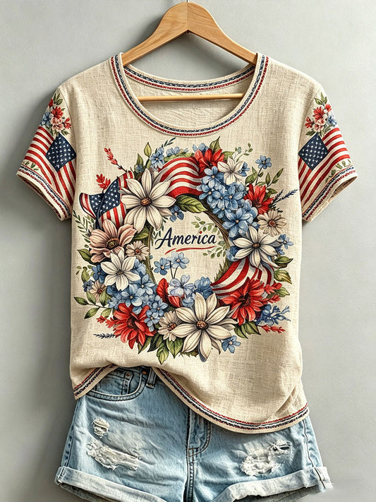Women's American Independence Day Wreath Casual T-Shirt