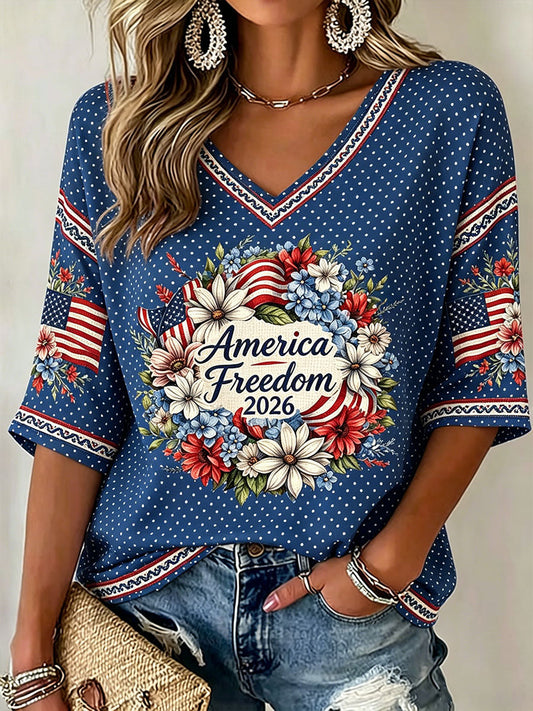 Women's American Independence Day "Freedom" Wreath Casual Waffle T-shirt